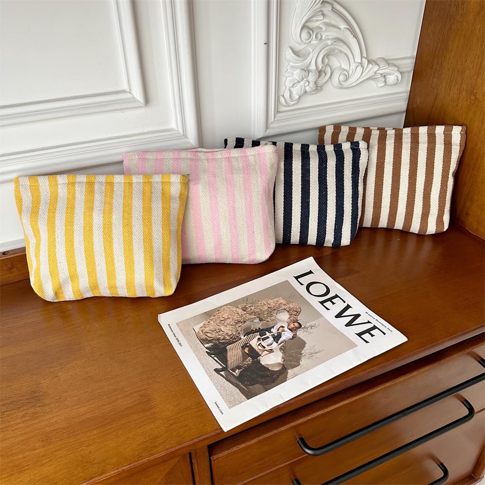 PAZIMIIK Flat Makeup Bag Stripe Yellow with cosmetics inside