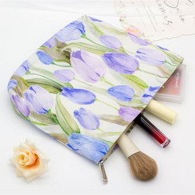 PAZIMIIK Flat Makeup Bag Tulip Purple open with cosmetics