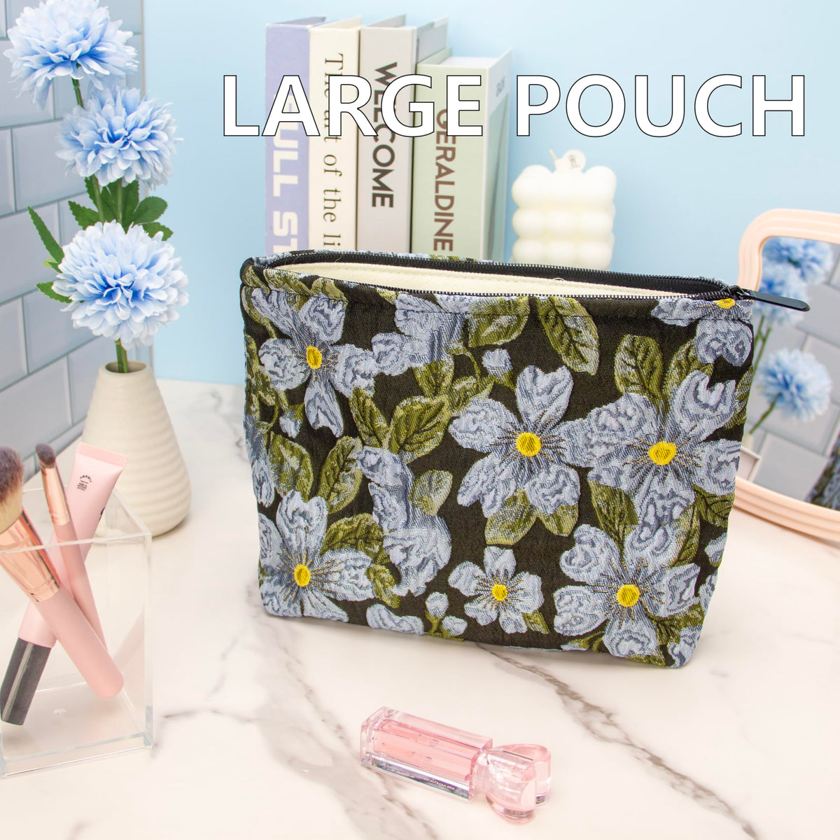 PAZIMIIK Flat Makeup Bag with a close-up of the zipper