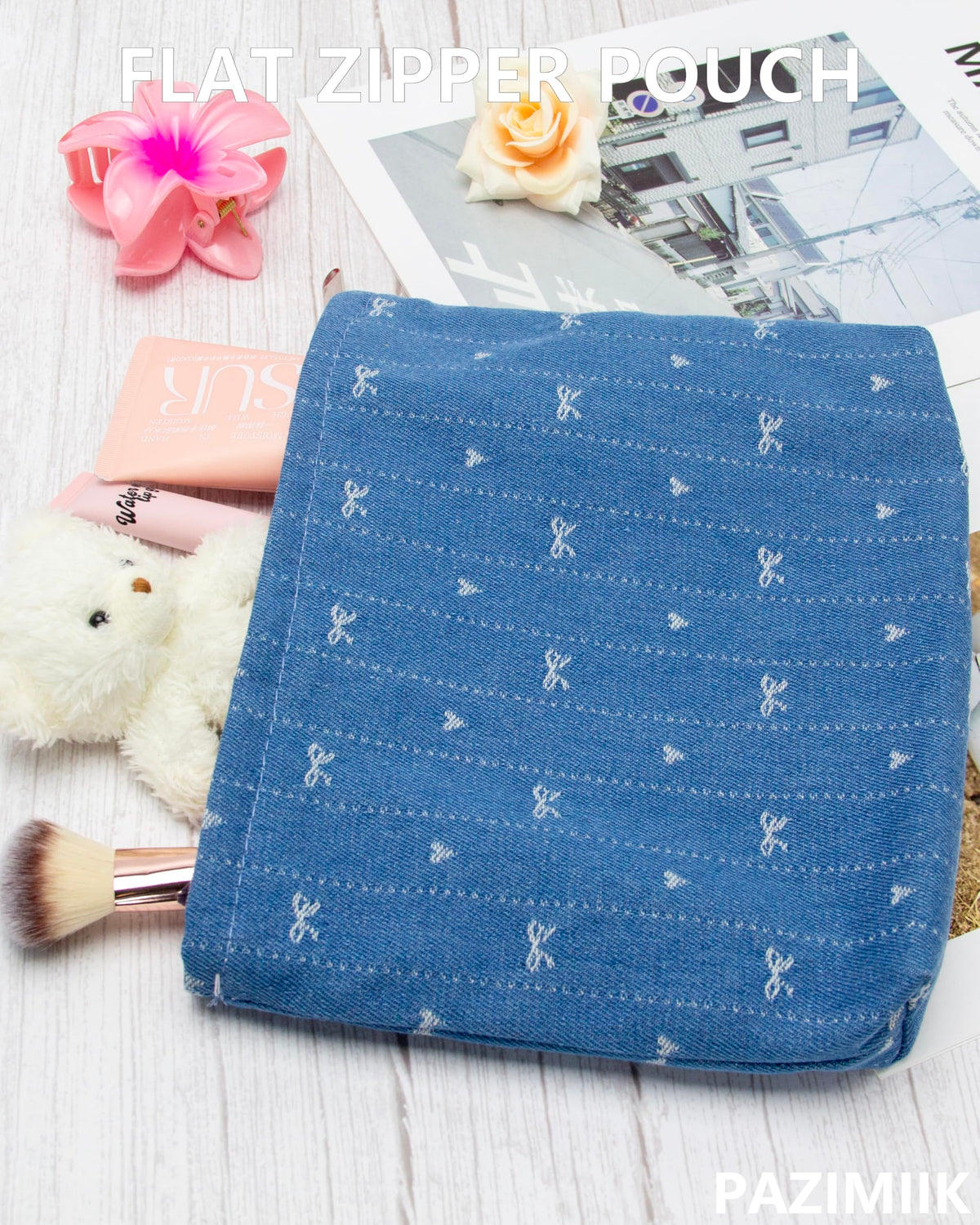 PAZIMIIK Flat Makeup Bag with various beauty products
