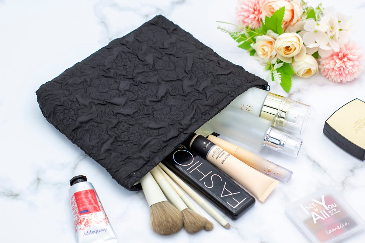 PAZIMIIK Flat Makeup Bag with various cosmetics inside
