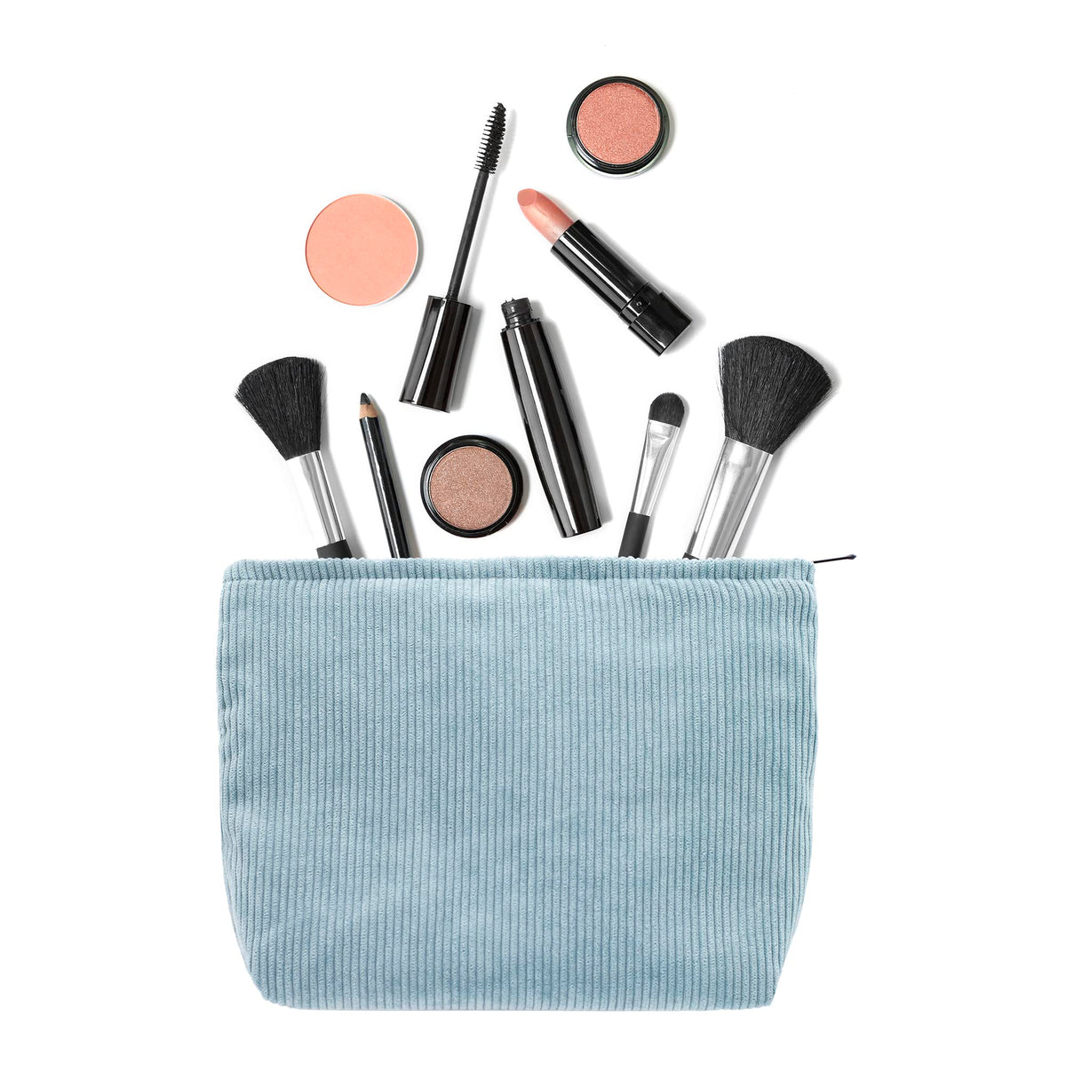 PAZIMIIK Makeup Bag in Blue with cosmetics inside