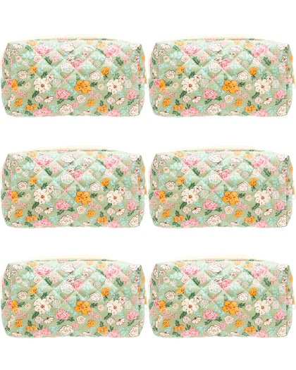 PAZIMIIK Small Quilted Makeup Bag in green floral design front view