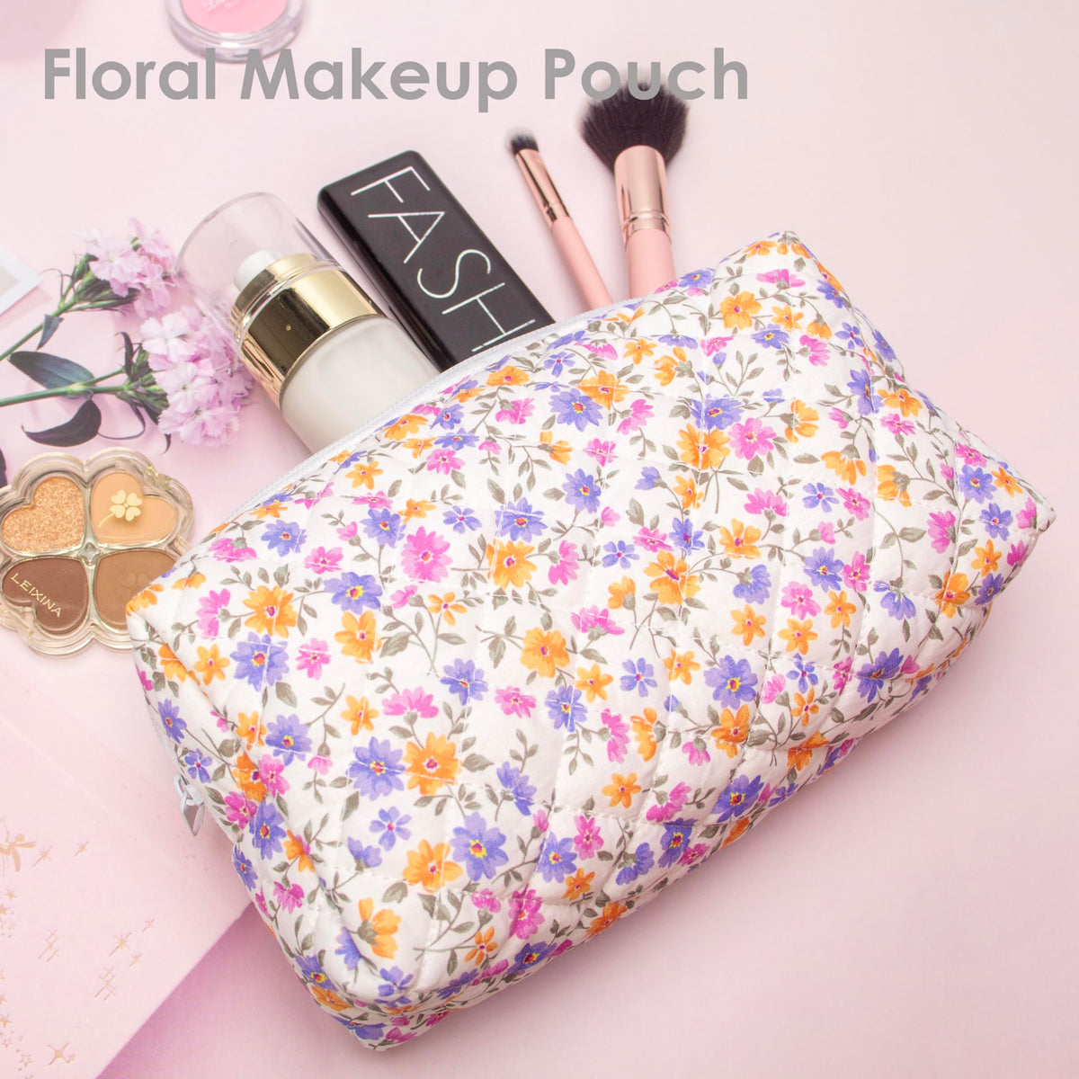 PAZIMIIK Small Quilted Makeup Bag side view with zipper