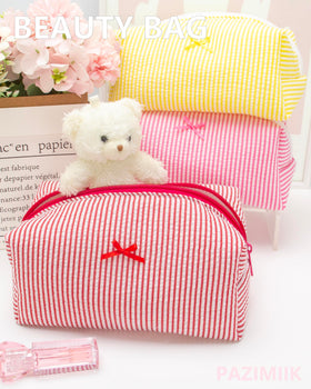 PAZIMIIK Stripe Red Makeup Bag with beauty products