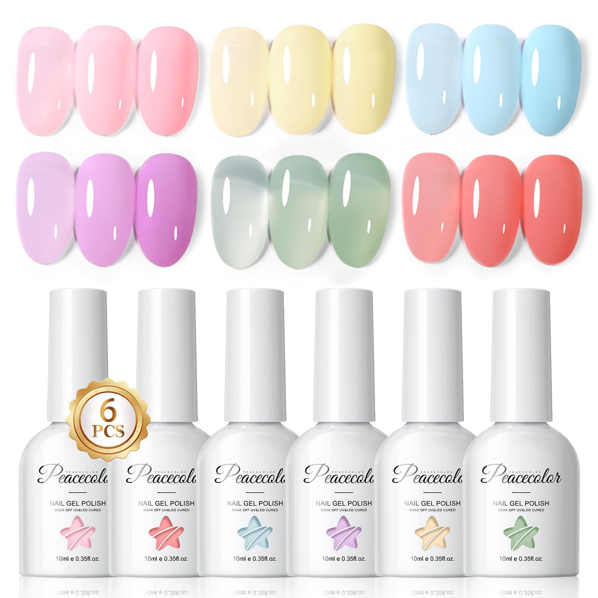 PEACECOLOR Jelly Gel Nail Polish Set 10ml with six vibrant colours