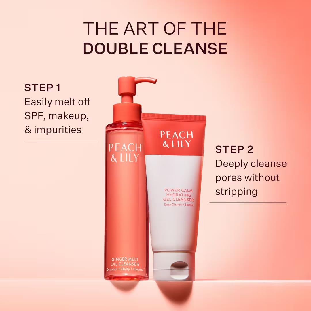 Peach & Lily Ginger Melt Oil Cleanser with ingredients displayed