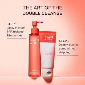 Peach & Lily Ginger Melt Oil Cleanser with ingredients displayed