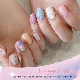 Peach pink gel polish with colourful sprinkles