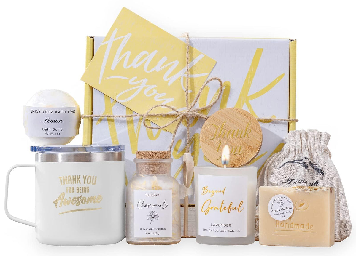 peacoeye Thank You Gift Box with coffee tumbler and spa items