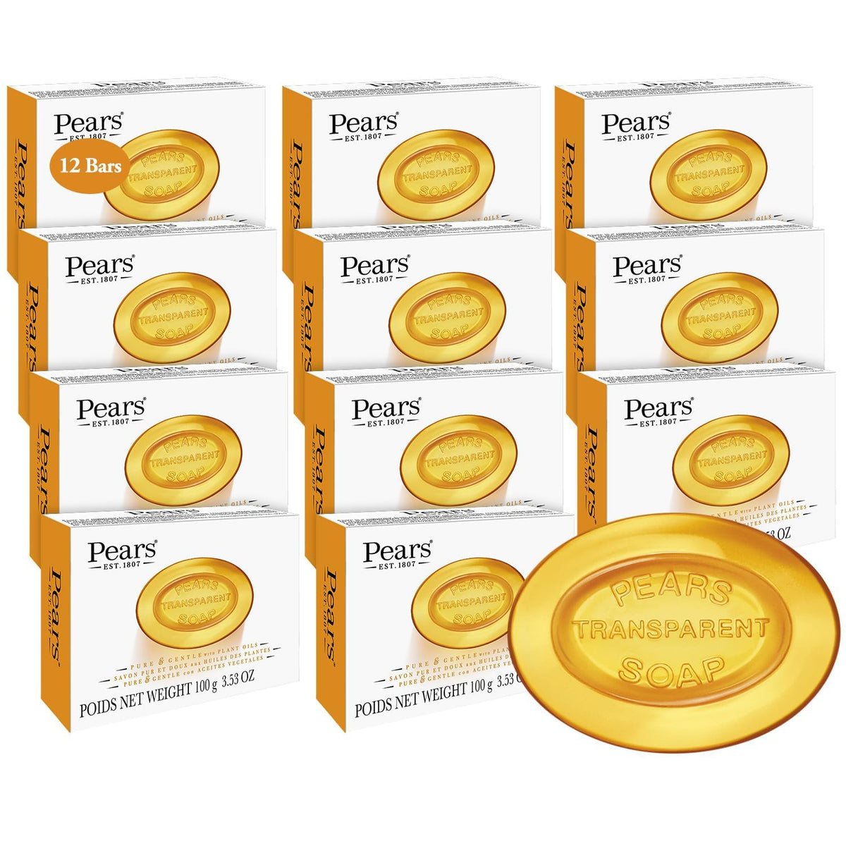 Pears Soap Pure & Gentle 12-Pack transparent amber bars front view