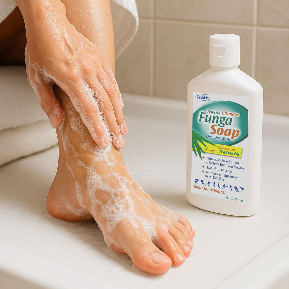 Pedifix FungaSoap Liquid 6 oz. on a shower shelf