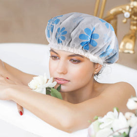 Pengxiaomei shower cap in use while applying makeup