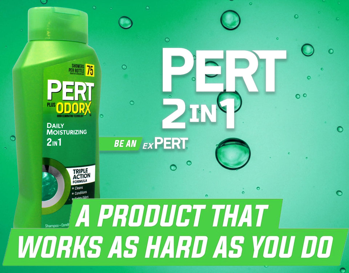 Pert Classic Clean 2 In 1 Shampoo & Conditioner bottle on a shower shelf