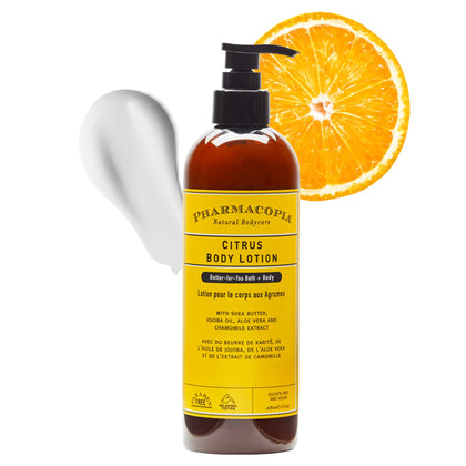 Pharmacopia Citrus Body Lotion 16 oz front view with vibrant packaging