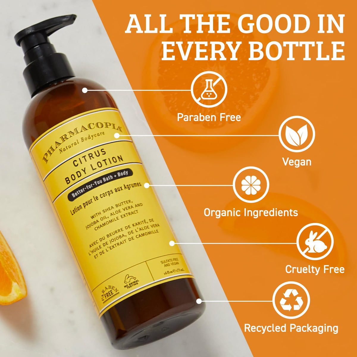 Pharmacopia Citrus Body Lotion with fresh citrus fruits in background