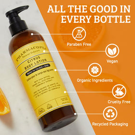Pharmacopia Citrus Body Lotion with fresh citrus fruits in background