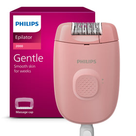 Philips Epilator Series 2000 front view with cleaning brush and massage cap