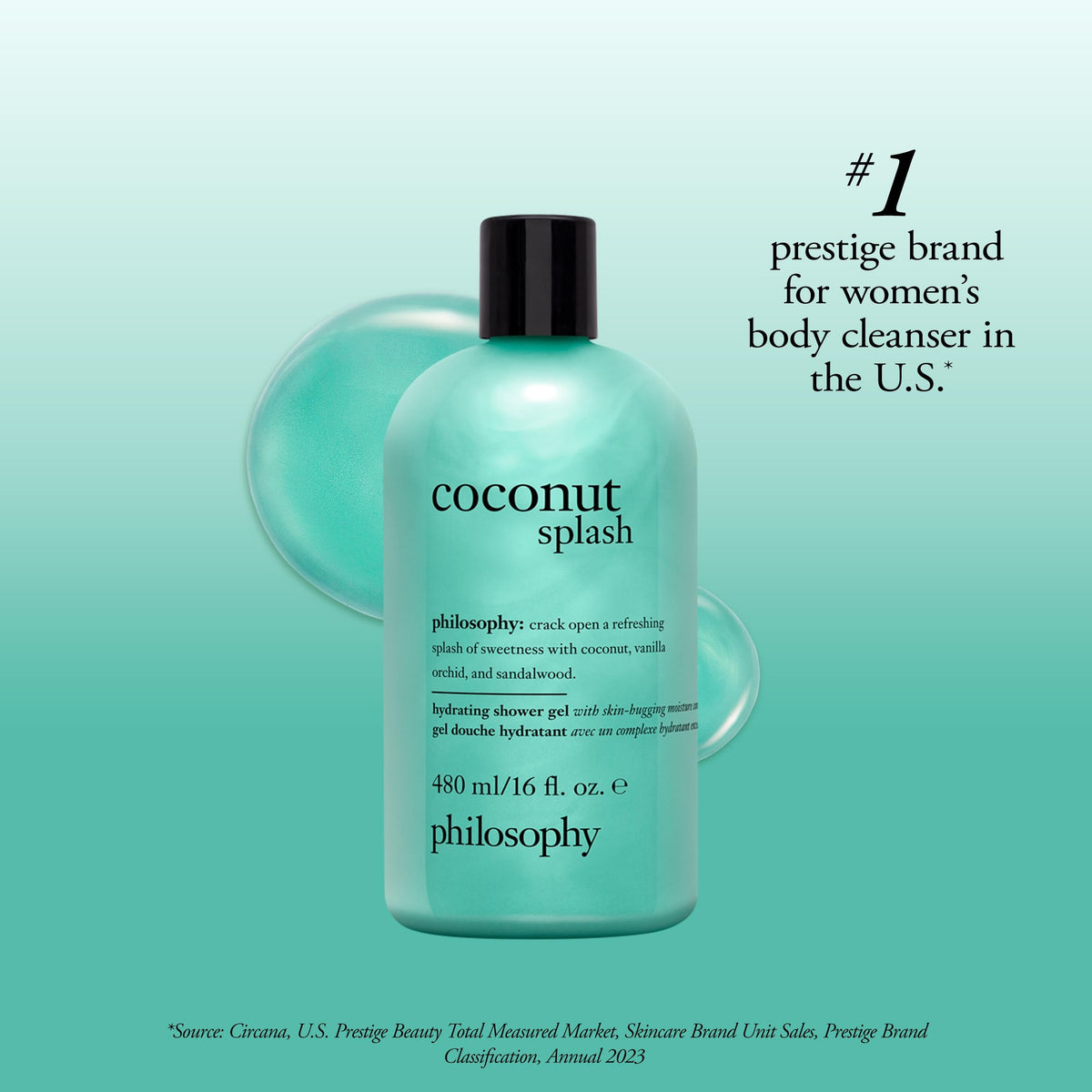 philosophy Coconut Splash Shower Gel 16 fl oz in a bathroom setting