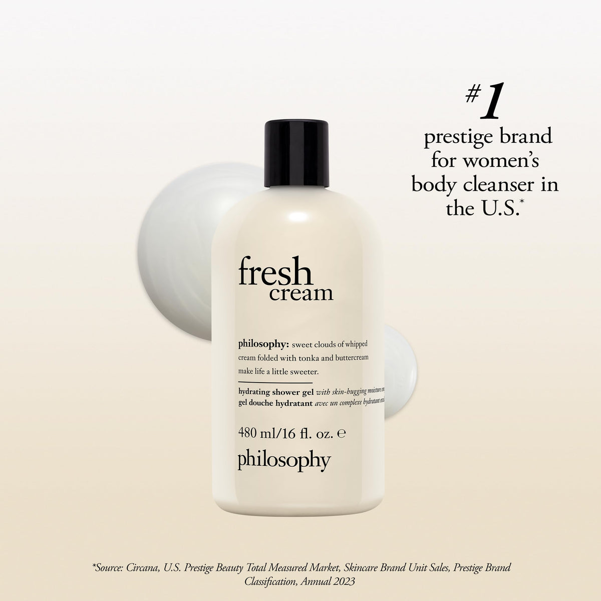 philosophy Fresh Cream Shower Gel 16 fl oz with whipped cream background