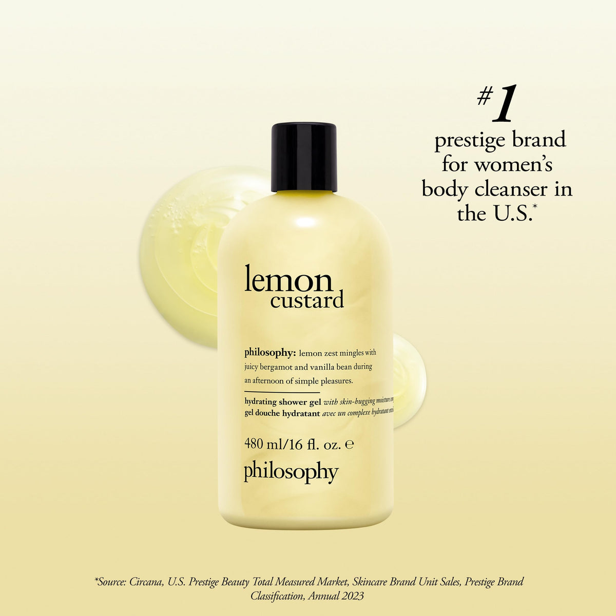 philosophy Lemon Custard Shower Gel 16 fl oz lifestyle scene with lemon