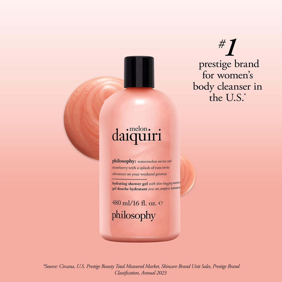 philosophy Melon Daiquiri Shower Gel packaging with fruits