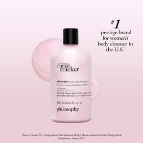 philosophy Pink Frosted Animal Cracker Shower Gel packaging with a soft focus background
