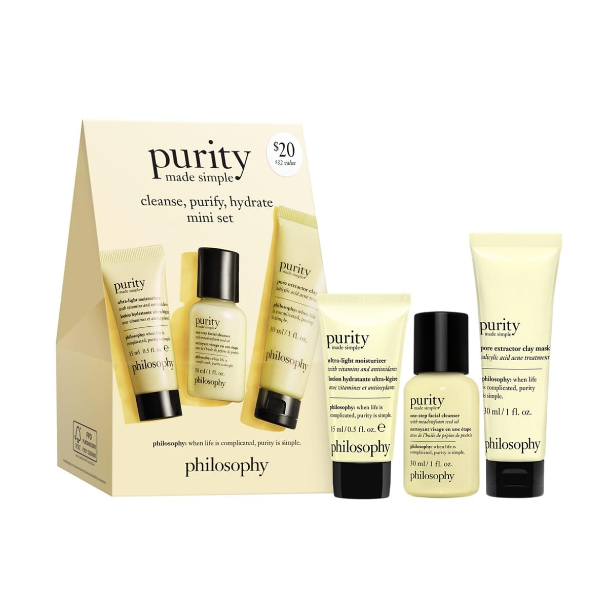 philosophy Purity Made Simple Facial Cleanser Set including cleanser, clay mask, and moisturiser