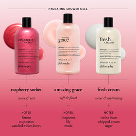 philosophy Raspberry Sorbet Shower Gel 16 fl oz in a bathroom setting
