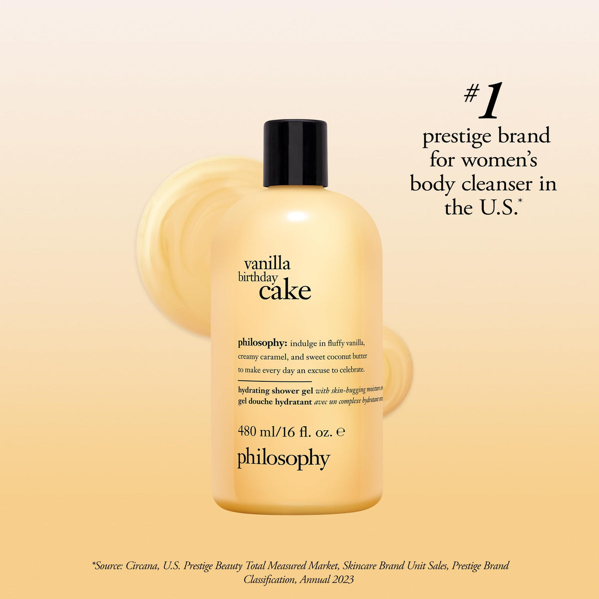 philosophy Vanilla Birthday Cake Shower Gel 16 fl oz with bubbles in a shower setting