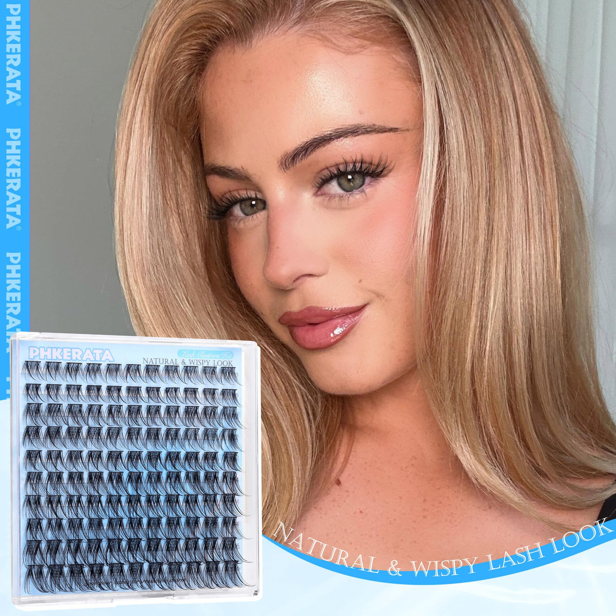 PHKERATA lash clusters displayed with makeup tools
