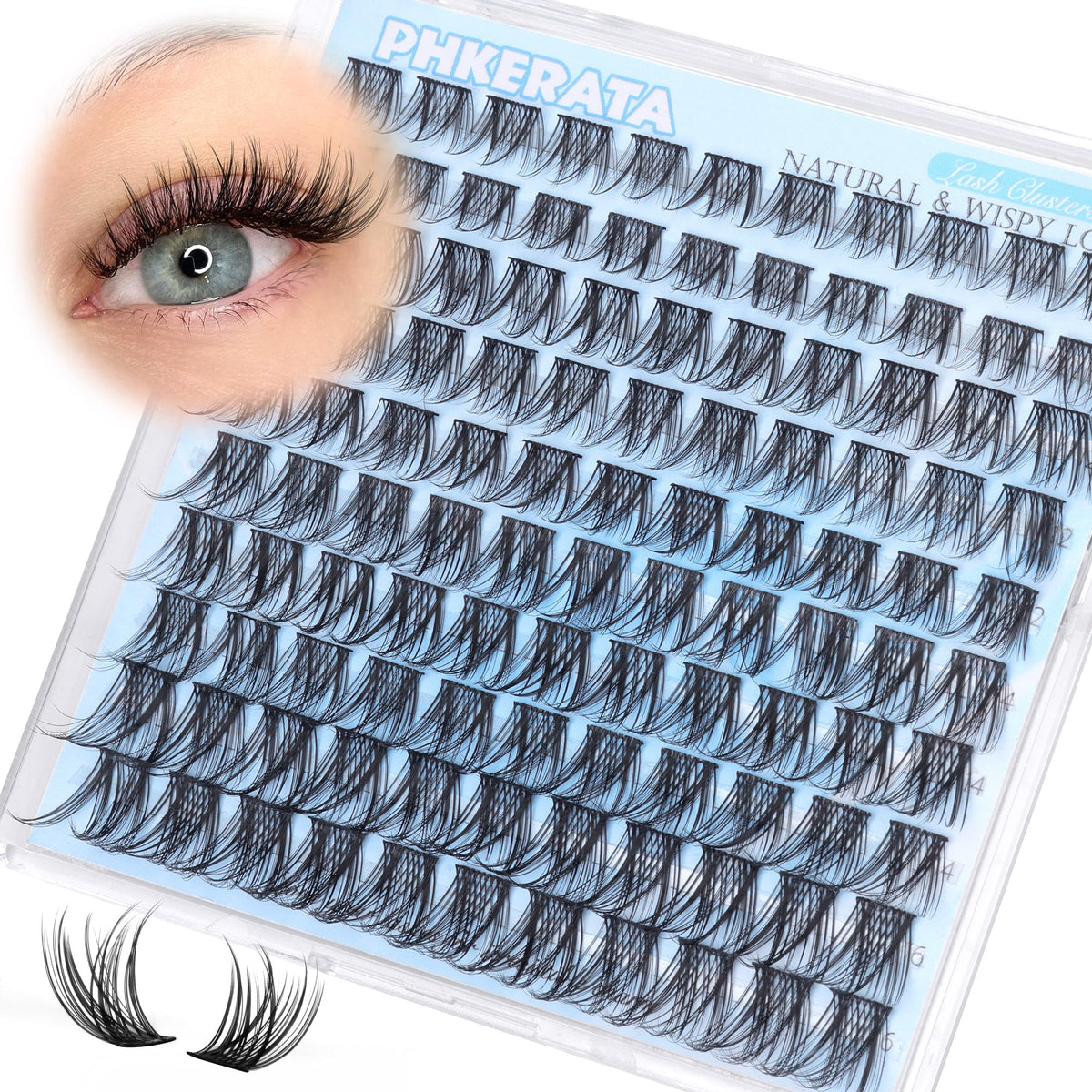 PHKERATA lash clusters showing natural look on eyes