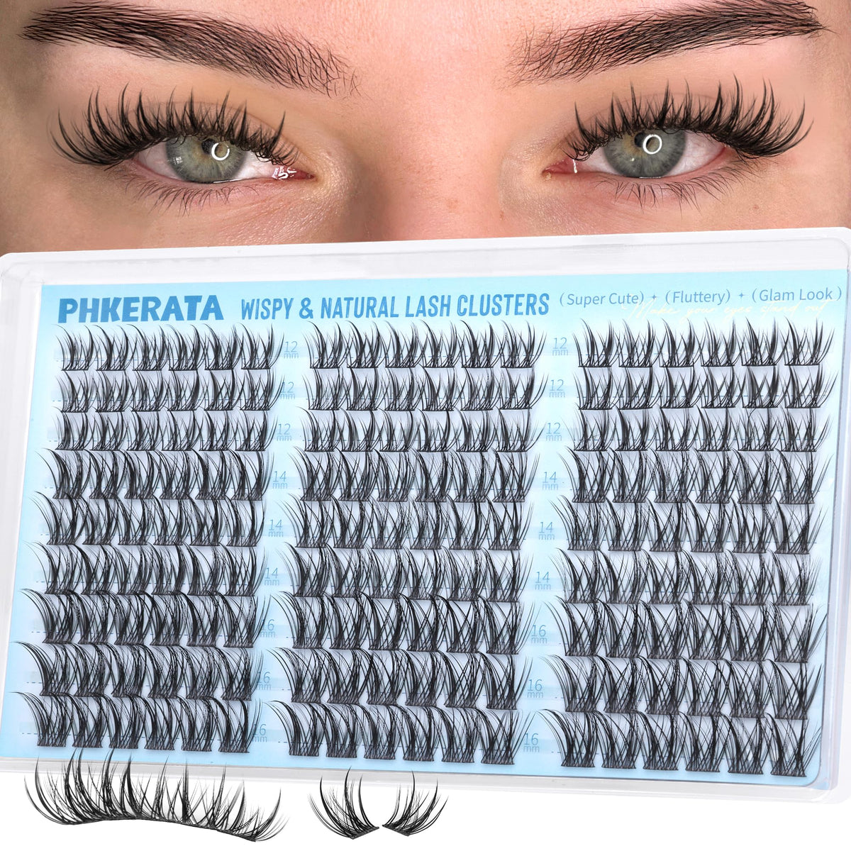 PHKERATA Manga Lash Clusters 12-14-16mm front view with spiky peaks
