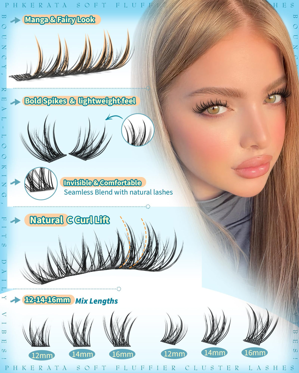 PHKERATA Manga Lash Clusters mixed lengths 12mm, 14mm, 16mm
