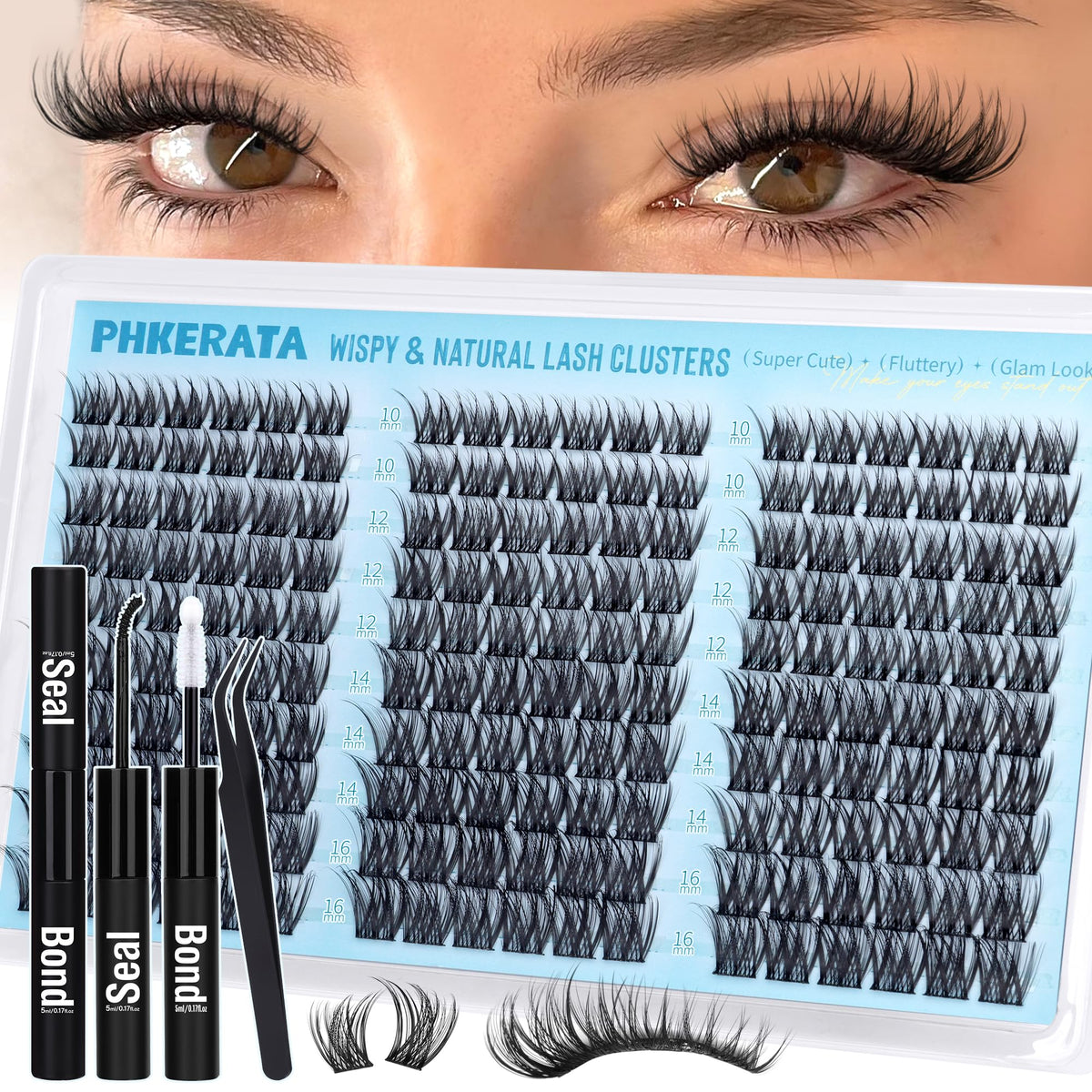 PHKERATA Natural Lash Clusters Kit 180Pcs front view with lashes and tools