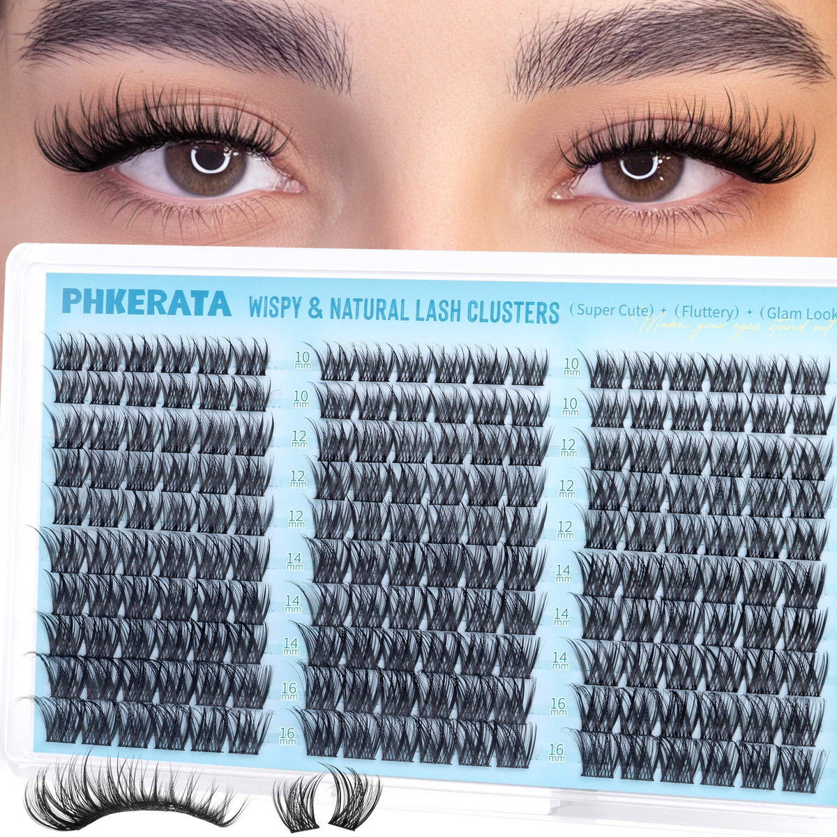 PHKERATA Wispy Lash Clusters front view with C Curl