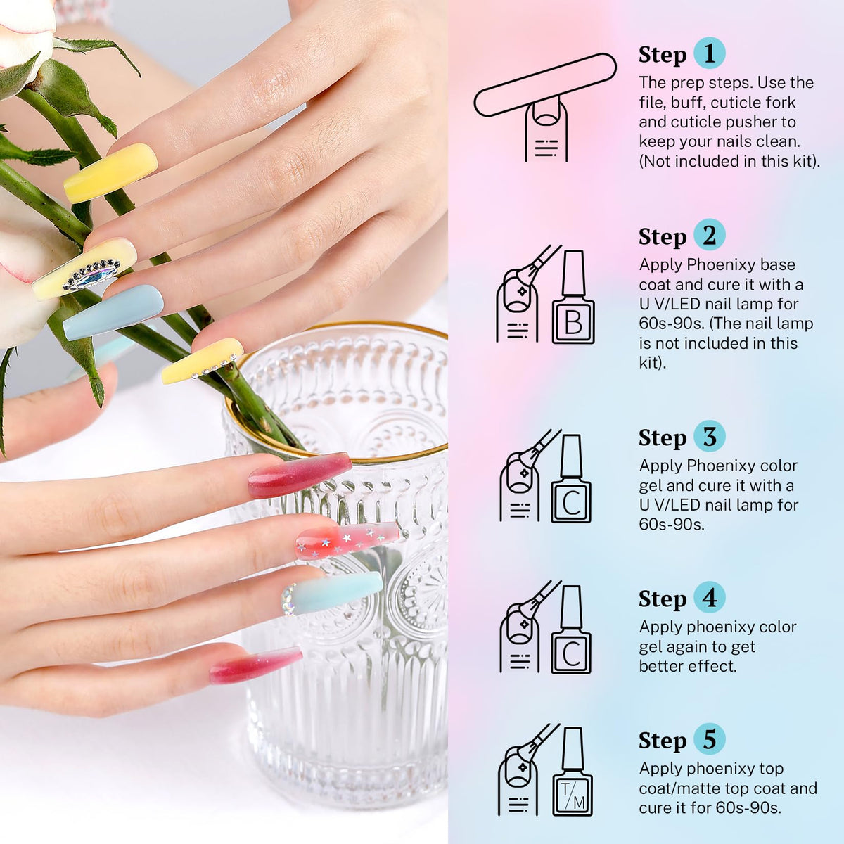 phoenixy gel nail polish set displayed on a vanity