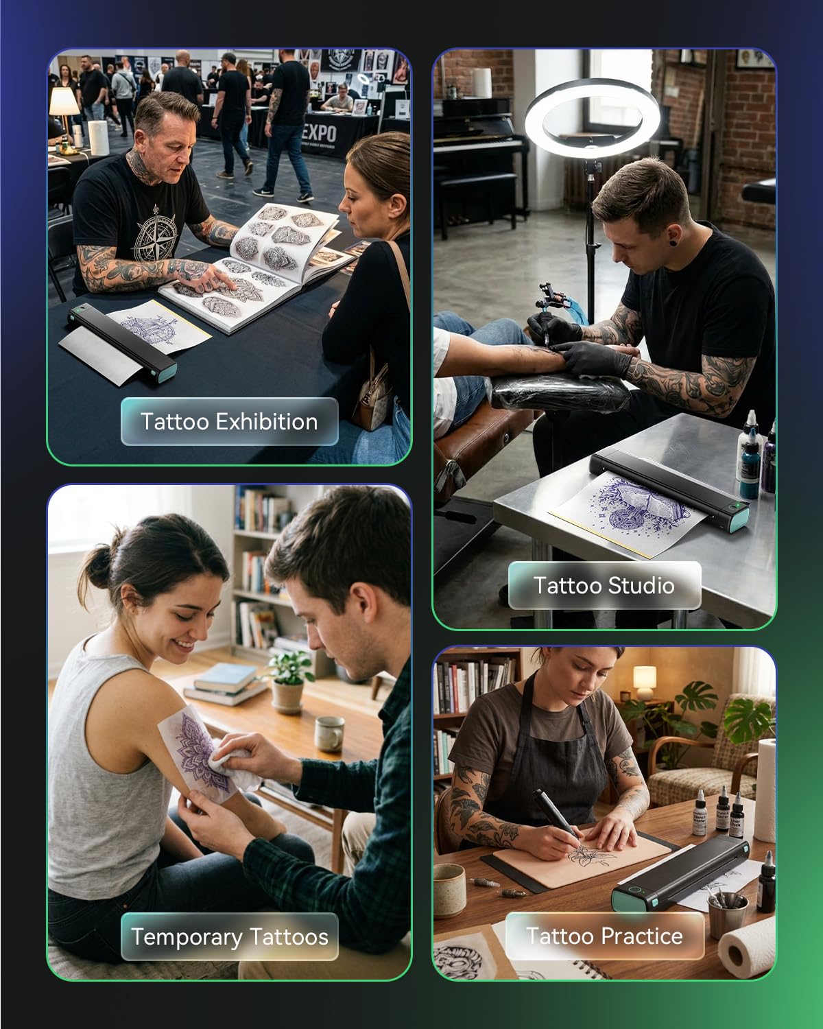 Phomemo M08F in use by a tattoo artist creating a stencil
