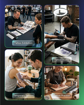 Phomemo M08F in use by a tattoo artist creating a stencil