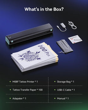 Phomemo M08F Tattoo Printer packaging and accessories