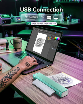 Phomemo M08F Tattoo Stencil Printer showing rechargeable battery