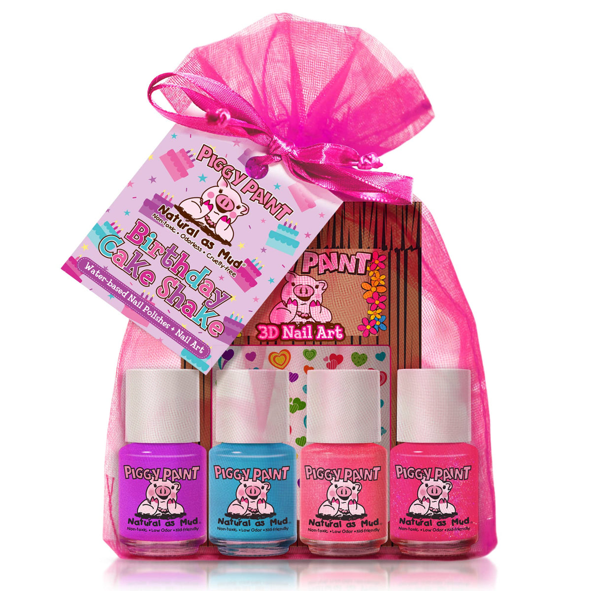Piggy Paint Birthday Cake Shake Set four mini nail polish bottles with nail art accessories