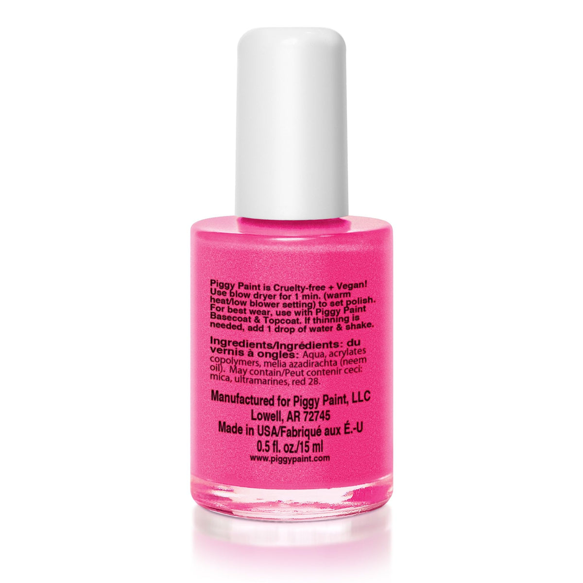 Piggy Paint Shimmery Pink Nail Polish back view with ingredients
