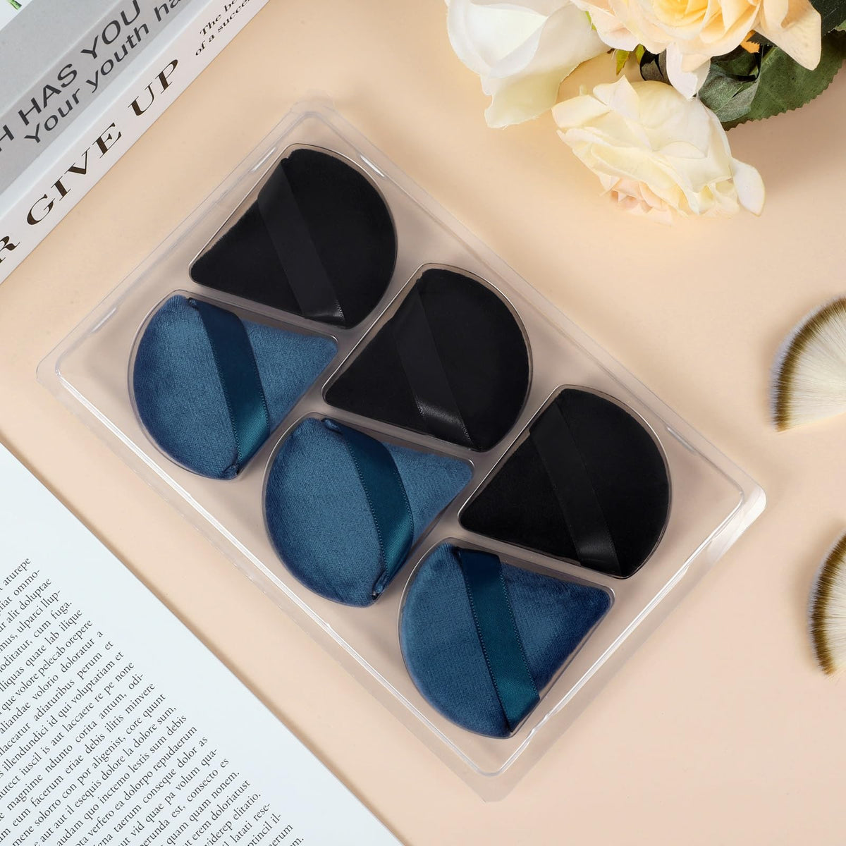 Pimoys makeup puffs displayed on a vanity