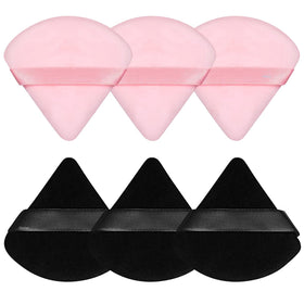 Pimoys Powder Puffs 6 Pack pink and black triangle velour sponges front view