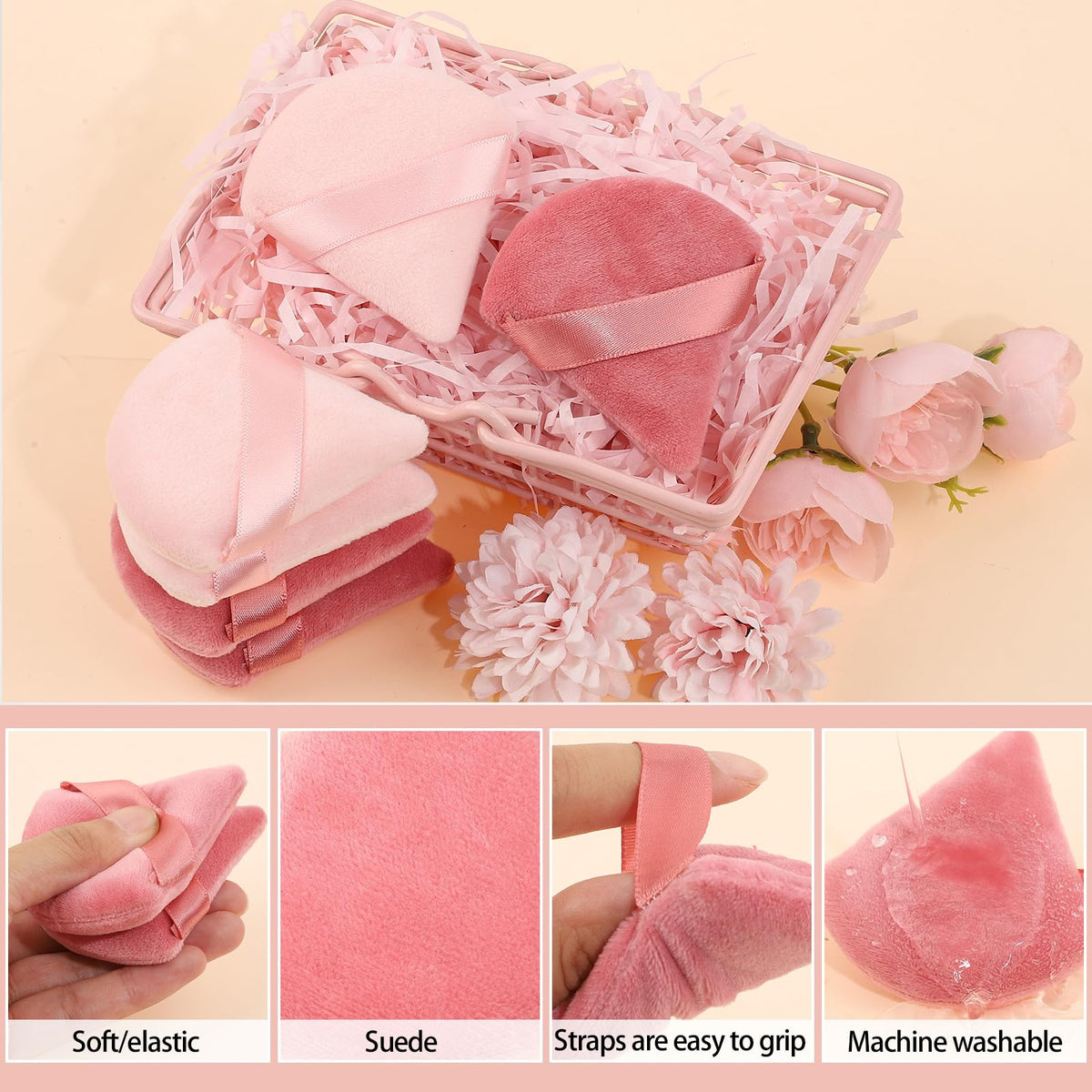 Pimoys triangle powder puff in hand for makeup application