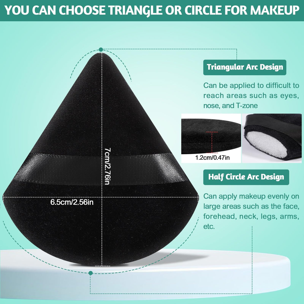Pimoys Triangle Powder Puff showing round side for foundation application