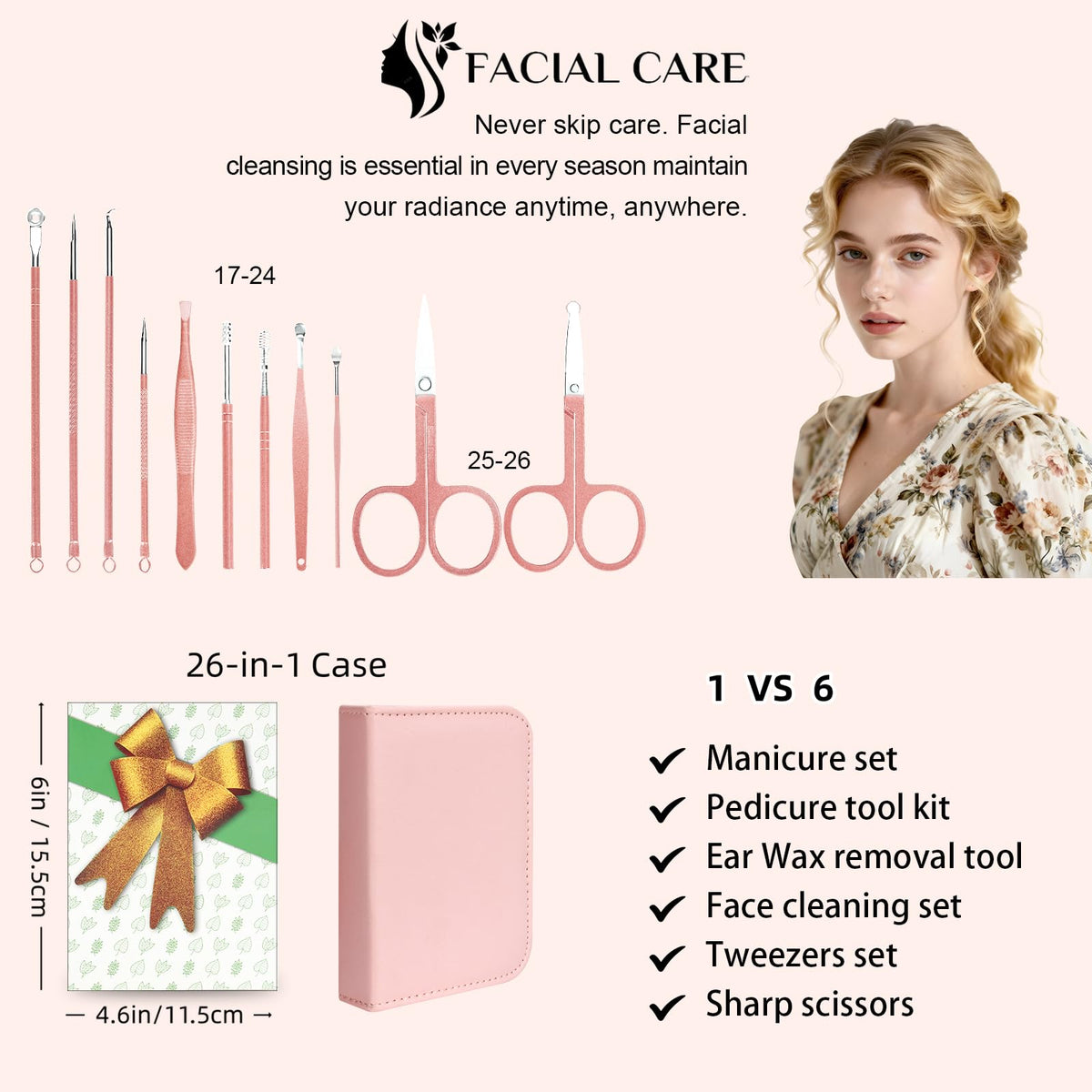 Pink travel case of LUCK AROUND manicure set open