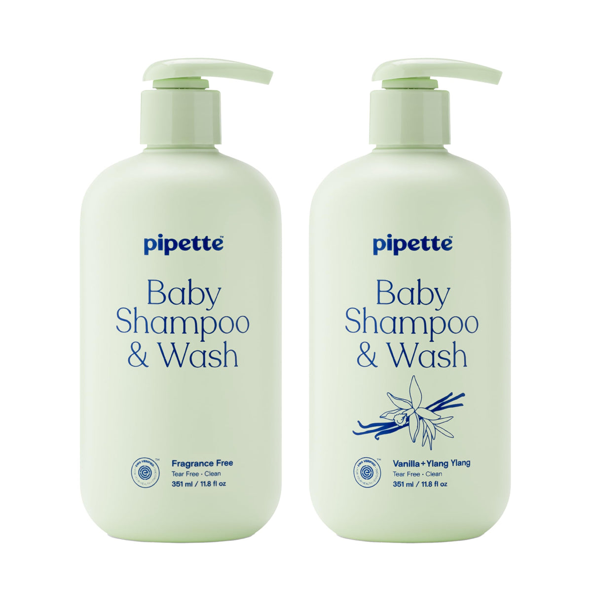 Pipette Baby Shampoo + Wash Discovery Duo front view, fragrance-free and vanilla + ylang ylang bottles