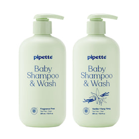 Pipette Baby Shampoo + Wash Discovery Duo front view, fragrance-free and vanilla + ylang ylang bottles